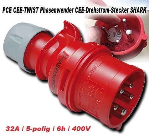 Kober. PCE CEE-TWIST Phasenwender CEE-Drehstrom-Stecker SHARK IP44 / 32A /  5-polig / 6h / 400V mit Schraubklemmen