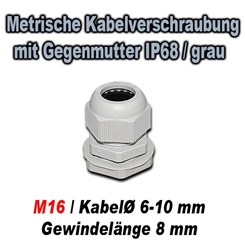 Bild von Metrische Kabelverschraubung mit Gegenmutter IP68 / GT M16N / grau / für Kabeldurchmesser 6-10 mm / Gewindelänge 8 mm