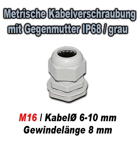 Bild von Metrische Kabelverschraubung mit Gegenmutter IP68 / GT M16N / grau / für Kabeldurchmesser 6-10 mm / Gewindelänge 8 mm