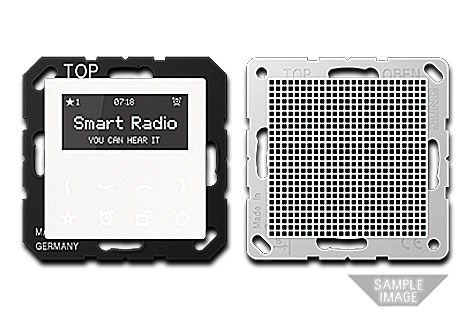 Bild von Jung Smart Radio-Set Mono mit einem schwarzem Display und Lautsprecher in Mokka