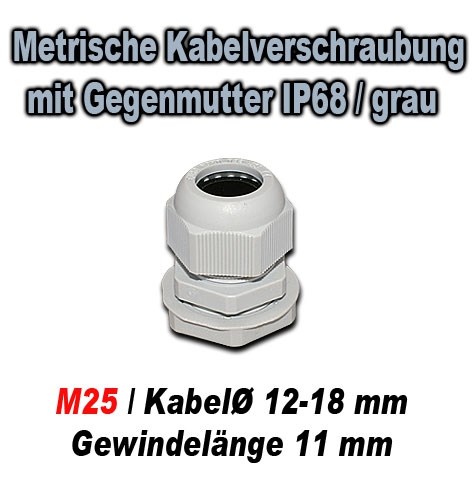 Bild von Metrische Kabelverschraubung mit Gegenmutter IP68 / GT M25N / grau / für Kabeldurchmesser 12-18 mm / Gewindelänge 11 mm