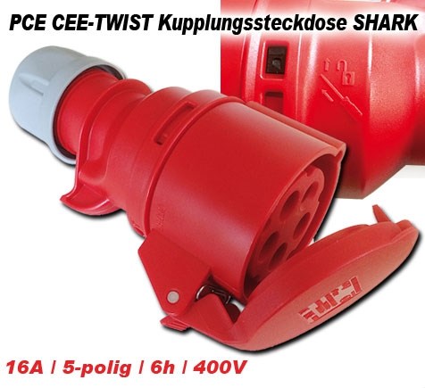Bild von PCE CEE-TWIST Kupplungssteckdose SHARK IP44 / 16A / 5-polig / 6h / 400V mit Schraubklemmen