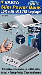 Bild von Varta Powerbank 6.000mAh portable Powerpack (2 USB Ausgängen, 1,0 A und 2,4 A und LED Leuchtfunktion - optimal für iPhone, iPad, iPod, Samsung Galaxy und weitere, inkl. 50cm Micro, USB Kabel)