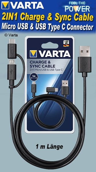 Bild von Varta 2in1 Charge & Sync Cable Micro USB & USB Type C Connector - 2 Anschlüsse kombiniert in einem Kabel