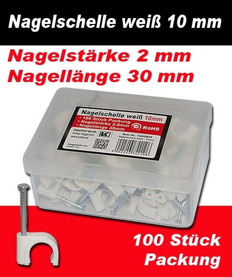 Bild von Nagelschelle weiß für Rundkabel 10 mm / 2,0 x 30 / 100 Stück