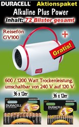 Bild von Duracell Alkaline Batterien Plus Power Paket mit 72 Blister + 1 x Reisefön GV100 gratis!