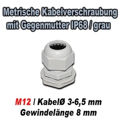Bild von Metrische Kabelverschraubung mit Gegenmutter IP68 / GT M12N / grau / für Kabeldurchmesser 3-6,5 mm / Gewindelänge 8 mm