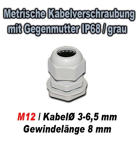 Bild von Metrische Kabelverschraubung mit Gegenmutter IP68 / GT M12N / grau / für Kabeldurchmesser 3-6,5 mm / Gewindelänge 8 mm