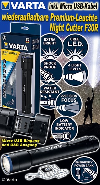 Bild von Varta wiederaufladbare Premium-Leuchte Night Cutter F30R inkl. Micro USB-Kabel und integriertem Micro USB-Eingang und USB Ausgang