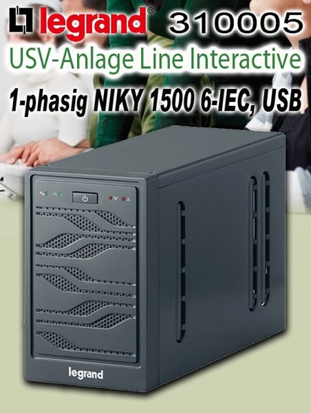 Bild von USV-Anlage Line Interactive 1-phasig / Niky 1500 6-IEC, USB / 900W / 1500VA / Intelligente Mikroprozessorsteuerung