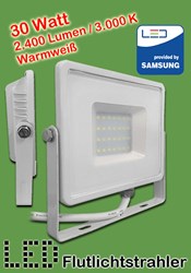 Bild von LED Flutlichtstrahler LED-FL30-W-SMD-SA weiß / IP65 strahlwassergeschützt / 2.400 Lumen / 30 W LED / 230V AC / 3.000K / Warmweiß / 30 cm Kabel