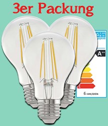 Bild von Eglo 3er Packung LED Filament Glühlampen A60 / 810 Lumen / 6,5W / E27 / 220-240V / 360° / 2.700K - Warmweiß - klar