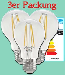 Bild von 3er Packung LED HV Filament Glühlampe A60 / 810 Lumen / 6,5W / E27 / 2.700K / Warmweiß klar