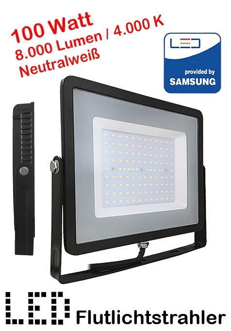 Bild von LED Flutlichtstrahler LED-FL100-B-N-SMD-SA schwarz / IP65 strahlwassergeschützt / 8.000 lm / 100 W LED / 230V AC / 4.000K / Neutralweiß / 100 cm Kabel
