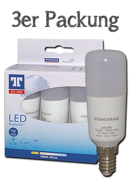 Bild von Tungsram 3er Packung LED Lampe Bright Stik / 550 Lumen / 7 W / E14 / 100-240V / 3.000 K / 830 Warmweiß / Sofortstart / A+