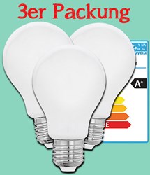 Bild von 3er Packung LED HV Filament Glühlampe A60 / 806 Lumen / 7W / E27 / 2.700K / Warmweiß opal