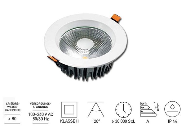 Bild von COB LED-Einbauspot rund Aluminium IP44 / 1.000 Lumen / 10W / 100-240V AC / 120° / 4.000K / Neutralweiß / Ø 145 mm 