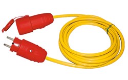 Bild von K35 - Baustellenleitung XYMM 3x1,5 gelb/orange f. Außen 3x1,5 mm2 / 50 m / mit Schuko-Gummistecker rot IP44 / 335NL893 + Schuko-Gummikupplung mit Deckel rot IP44 / 335NL146