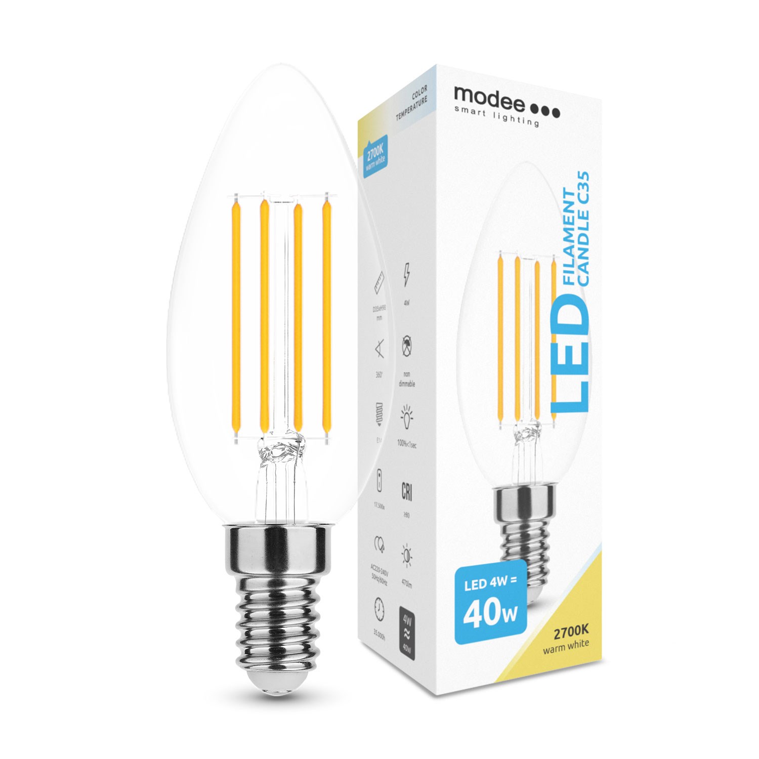 Bild von Smart Lighting LED Filament Kerzenlampe C35 / 470 Lumen / 4W / E14  / 360° 2.700K / 827 Warmweiß klar