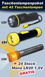 Bild von Taschenlampenpaket mit 42 Taschenlampen und 24 Stück Mono LR20 1,5V GRATIS