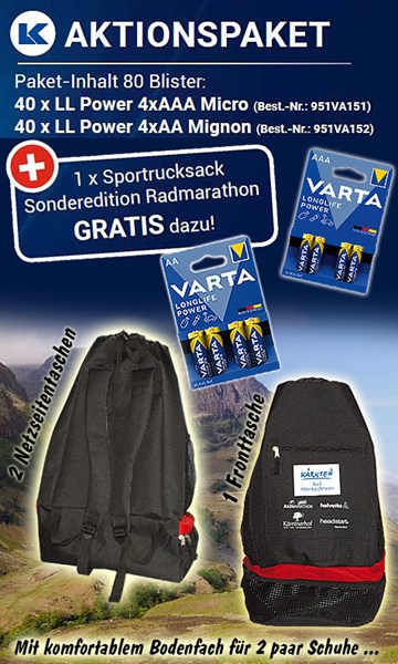 Bild von Varta Aktionspaket Longlife Power mit 80 Blister und 1 x Sportrucksack Sonderedition Radmarathon GRATIS!