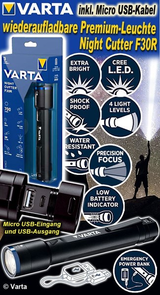 Bild von Varta wiederaufladbare Premium-Leuchte Night Cutter F30R inkl. Micro USB-Kabel und integriertem Micro USB-Eingang und USB Ausgang