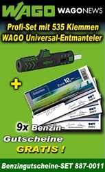 Bild von WAGO-Aktionspaket mit 535 Klemmen, WAGO Universal-Entmanteler und 9 x Benzingutscheine GRATIS!