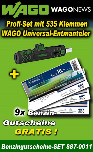 Bild von WAGO-Aktionspaket mit 535 Klemmen, WAGO Universal-Entmanteler und 9 x Benzingutscheine GRATIS!
