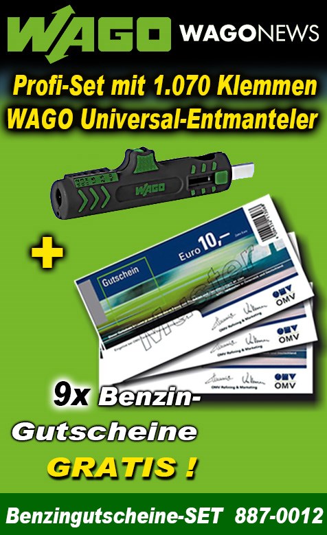 Bild von WAGO-Aktionspaket mit 1.070 Klemmen, WAGO Universal-Entmanteler und 9 x Benzingutscheine GRATIS!