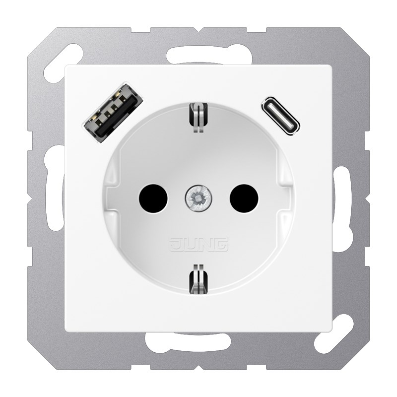 Bild von Jung Schuko-Steckdose 16A 250V~ mit USB-Ladegerät 1 x Typ A + 1 x Typ C / SAFETY+ / Serie A / schneeweiß matt