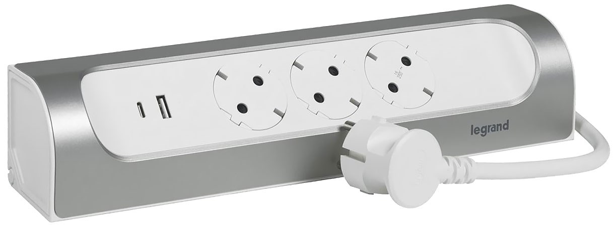 Bild von Legrand Ecksteckdosenleiste 3-fach / 45° / USB-A-und USB-C-Anschluss / Wand- und Tischmontage / 1m Kabel / Ultraweiß/Aluminium