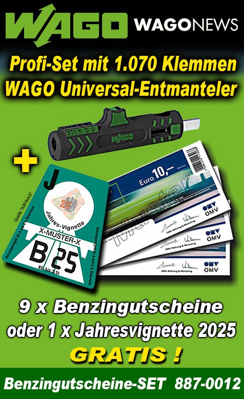 Bild von WAGO-Aktionspaket mit 1.070 Klemmen, WAGO Universal-Entmanteler + 9 x Benzingutscheine oder 1 Jahresvignette 2025 GRATIS!