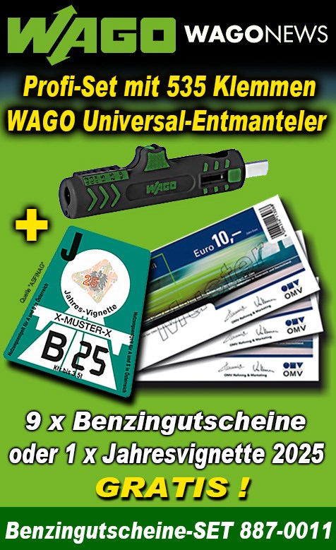 Bild von WAGO-Aktionspaket mit 535 Klemmen, WAGO Universal-Entmanteler + 9 x Benzingutscheine oder 1 Jahresvignette 2025 GRATIS!