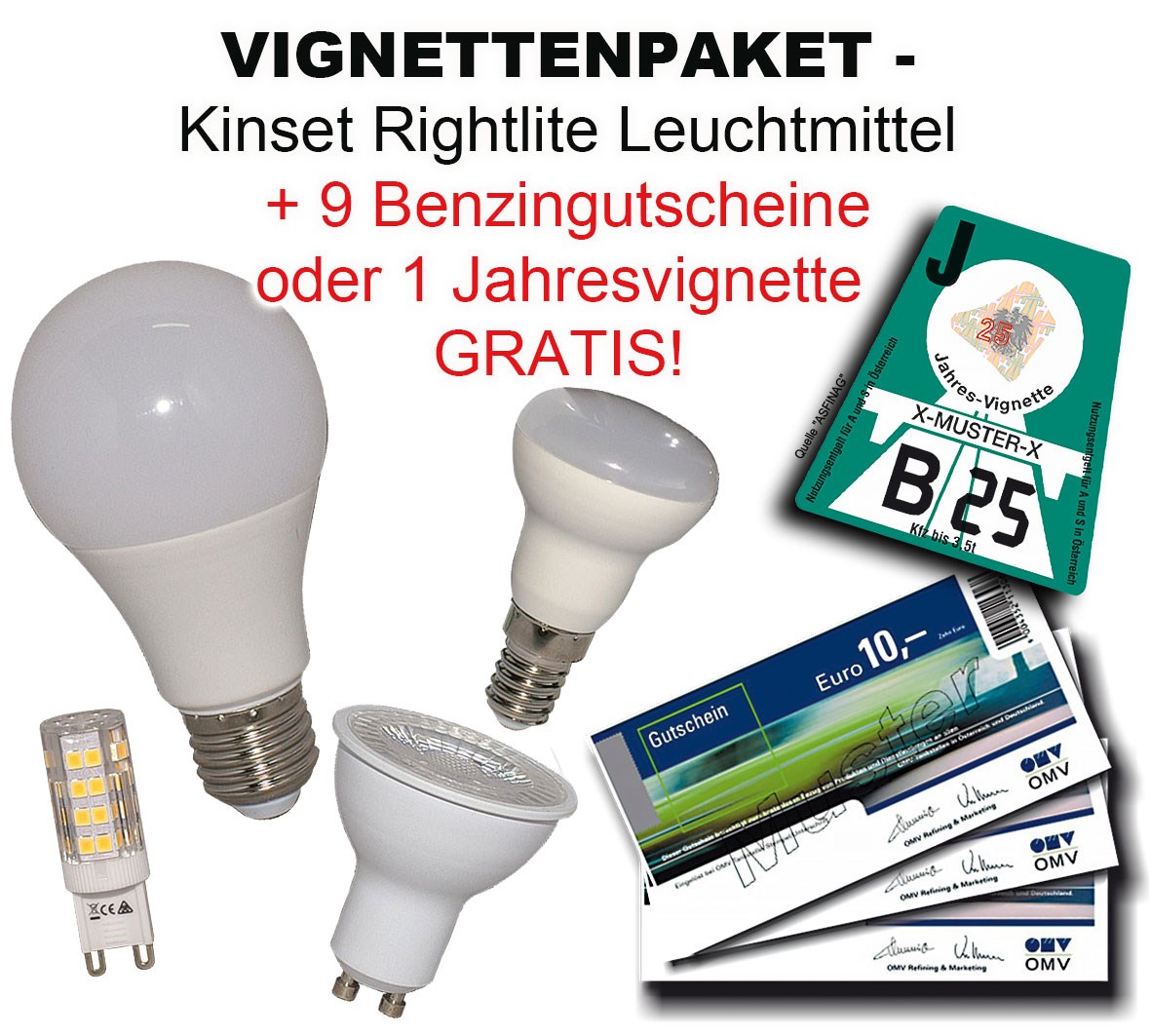 Bild von Aktionspaket: LED Kinset Rightlite & LED Modee Leuchtmittel + 1 Jahresvignette 2025 oder 9 x Benzingutscheine GRATIS