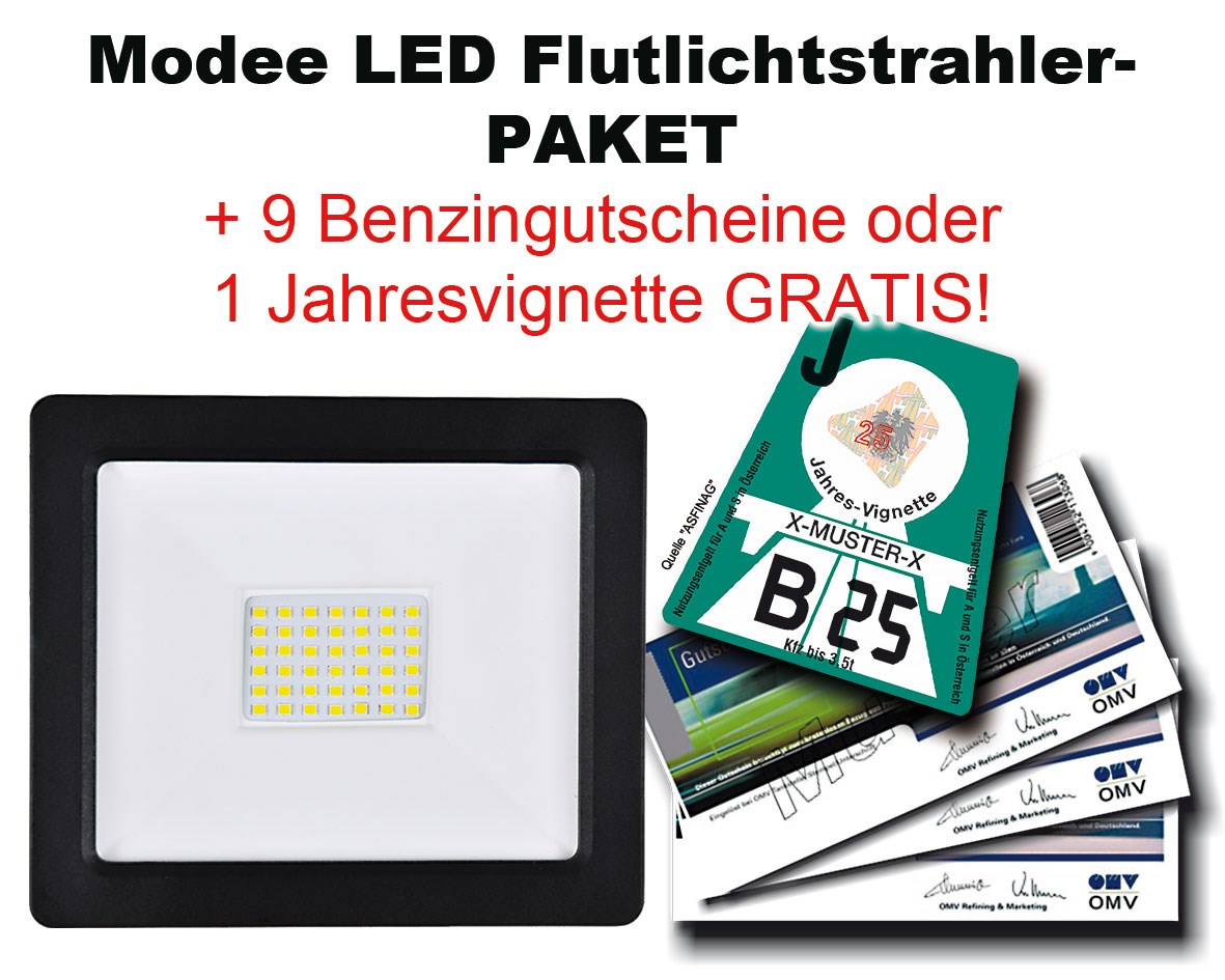 Bild von Aktionspaket: Modee LED Flutlichtstrahler + 1 Jahresvignette 2025 oder 9 x Benzingutscheine GRATIS