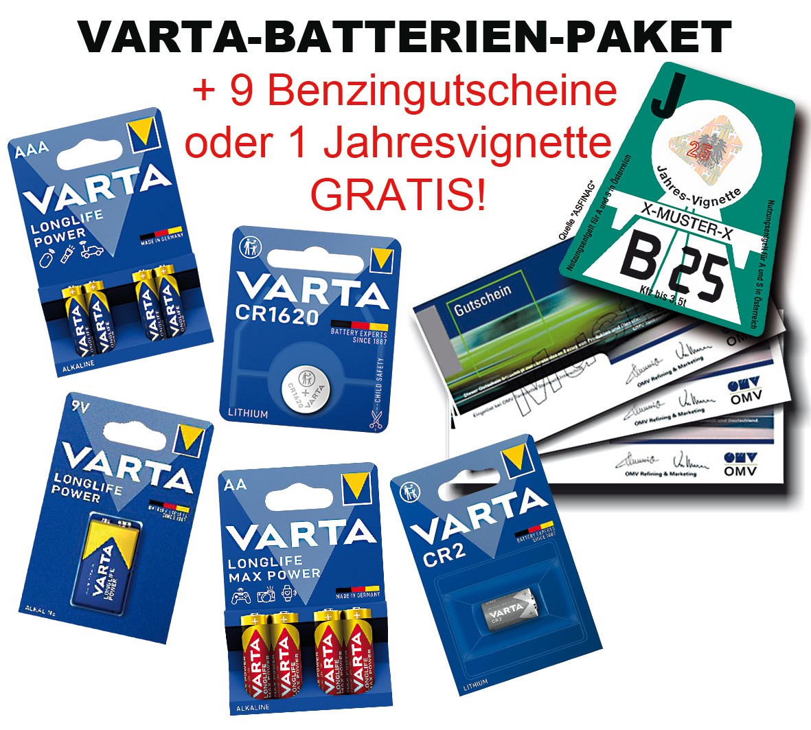 Bild von Aktionspaket: Varta Batterien + 1 Jahresvignette 2025 oder 9 x Benzingutscheine GRATIS!