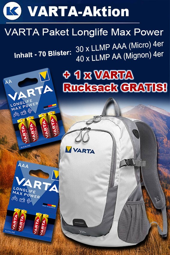 Bild von VARTA Paket Longlife Max Power mit 70 Blister + 1 x VARTA Rucksack GRATIS