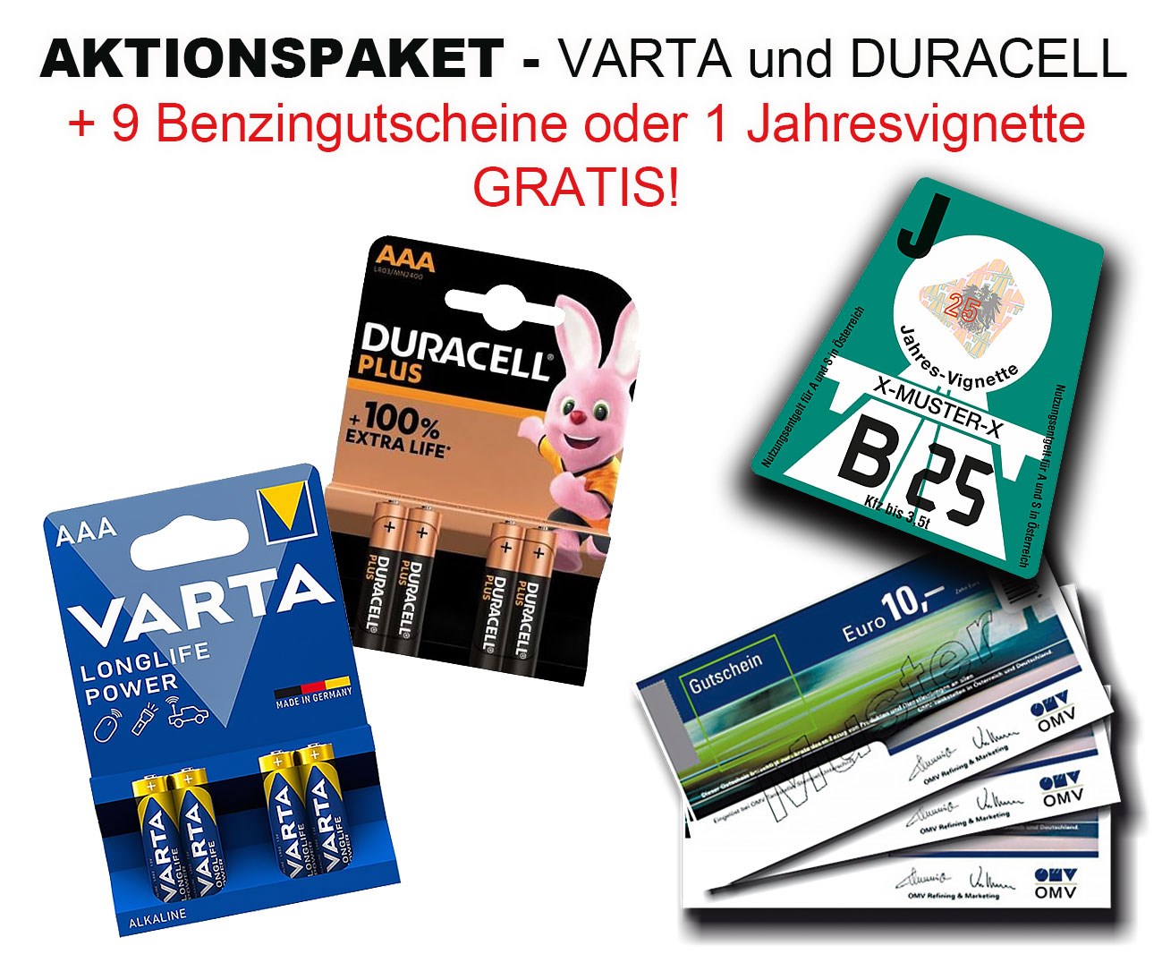 Bild von Aktionspaket: VARTA und DURACELL + 1 Jahresvignette 2025 oder 9 x Benzingutscheine GRATIS