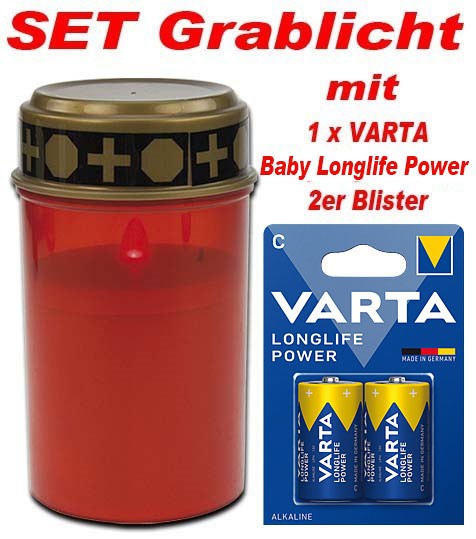 Bild von SET LED-Grablicht rot mit 1x 634GL076 22-076 inkl. 1 x VARTA LLP Baby 951VA154 Art. V4914 (2er Blister)