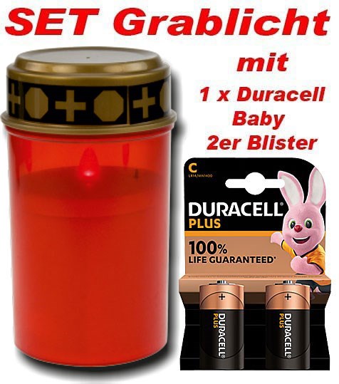 Bild von SET LED-Grablicht rot mit Sensor mit 1x 634GL077 22-076L inkl. 1 x Duracell Baby 951DU140 Art. DLMN1400 (2er Blister)