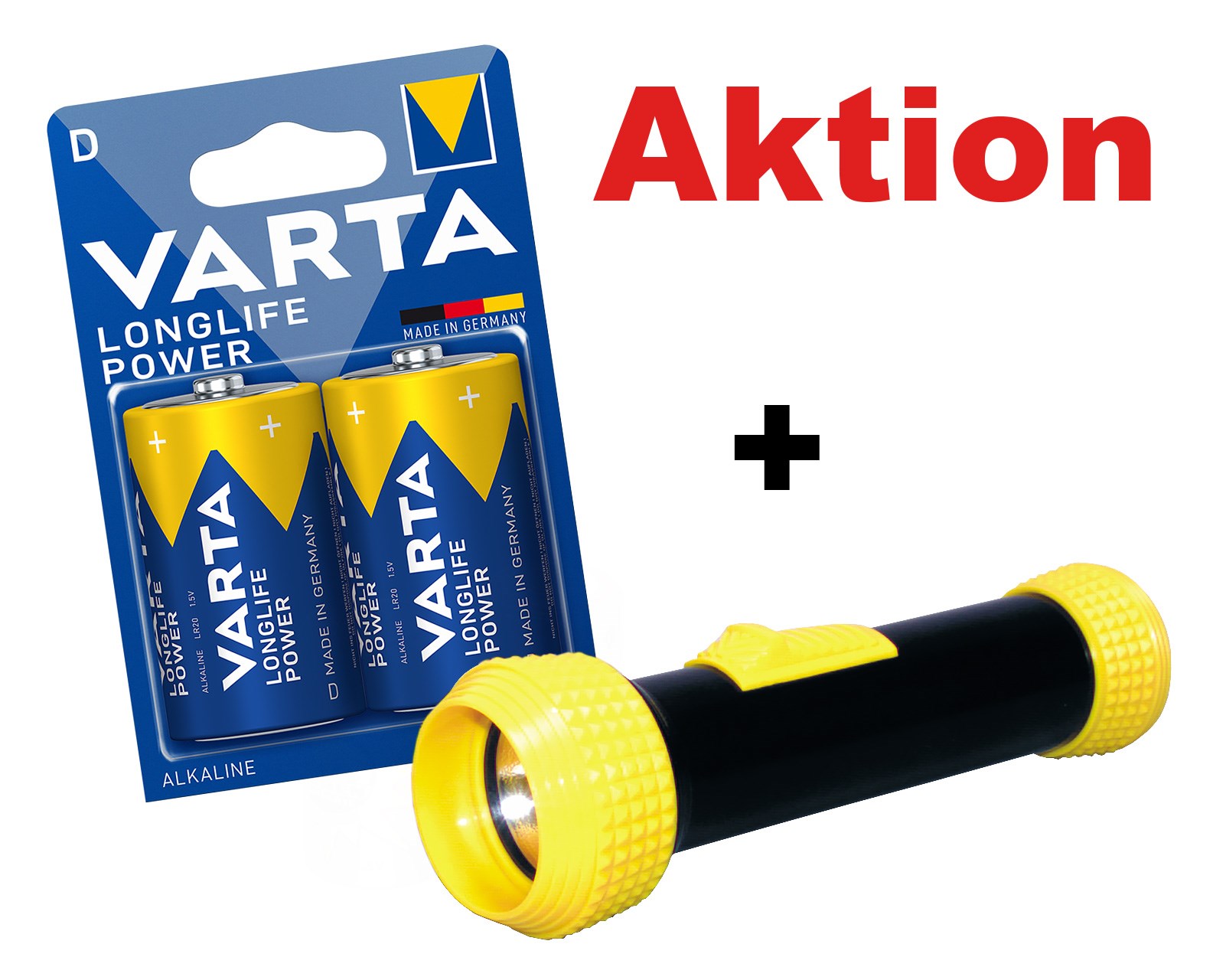 Bild von Aktion Varta Longlife Power Alkaline D Mono 1,5V / LR20 / MN1300 / V4920 - 2er Blister + 1x Stablampe 636EU201 GRATIS