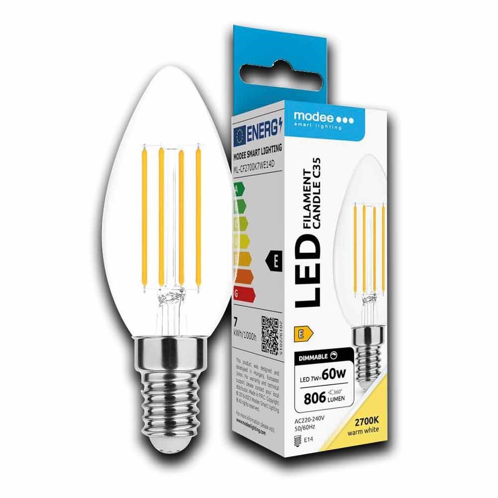 Bild von LED Filament Kerzenlampe C35 / 806lm / 7W / E14 / 220-240V / 2.700K / 360° / ww klar dimmbar