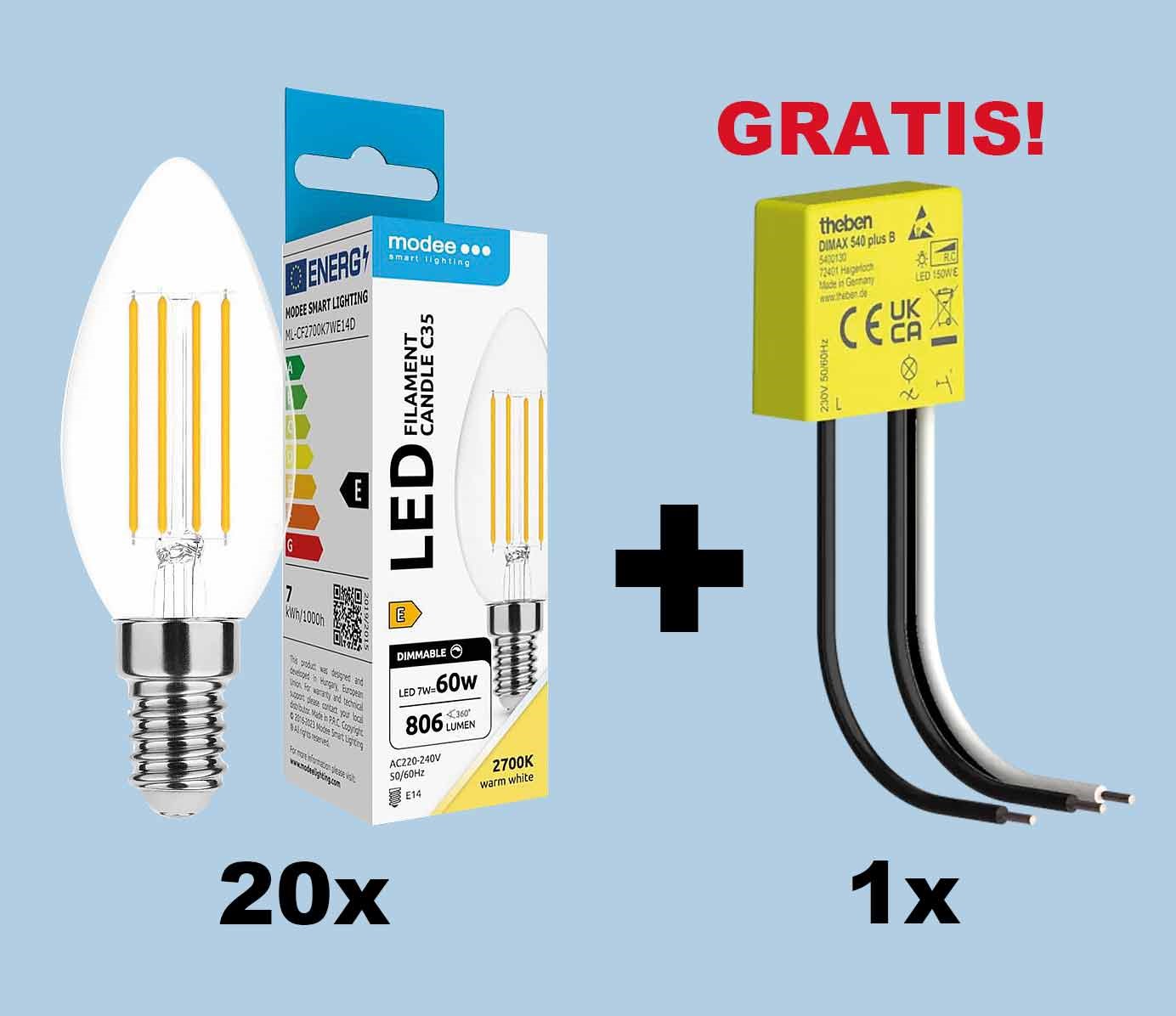 Bild von SET-Aktion 20 x 624SM516 LED-FL Kerze 7W E14 klar 806lm 2.700K dimmbar + 1 x 301TH004 Theben DIMAX T5400130 GRATIS 