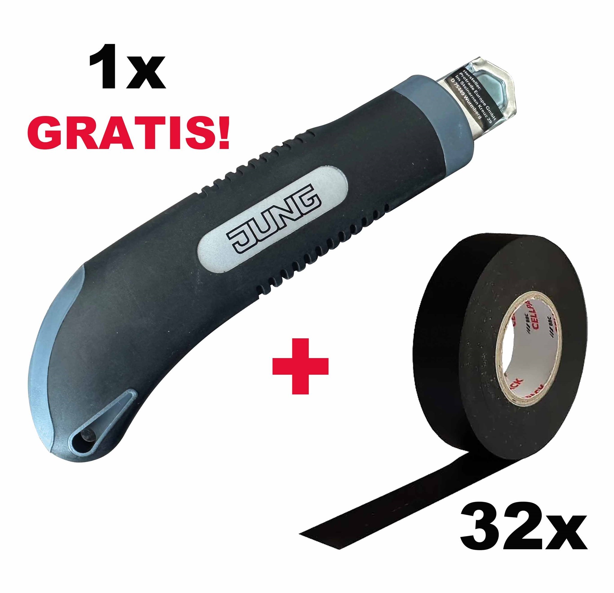 Bild von CELLPACK-Aktionspaket E3289 - 32x PCV-Isolierband E328/19/10sw / L10m mit JUNG Stanleymesser GRATIS