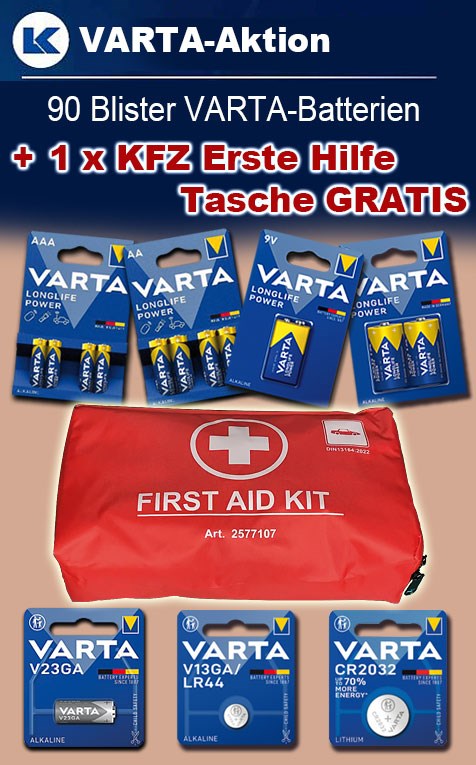 Bild von VARTA Batterien Aktion - Paket 2 mit  90 Blister + 1 x KFZ Erste Hilfe Tasche GRATIS 