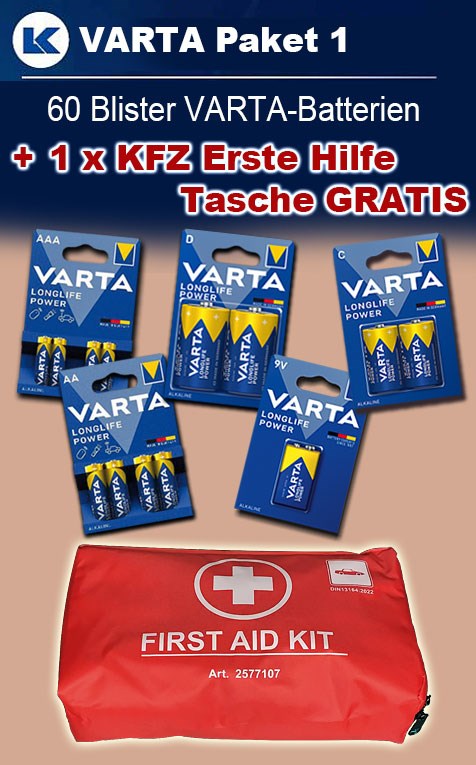 Bild von VARTA Batterien Aktion - Paket 1 mit 60 Blister + 1 x KFZ Erste Hilfe Tasche GRATIS