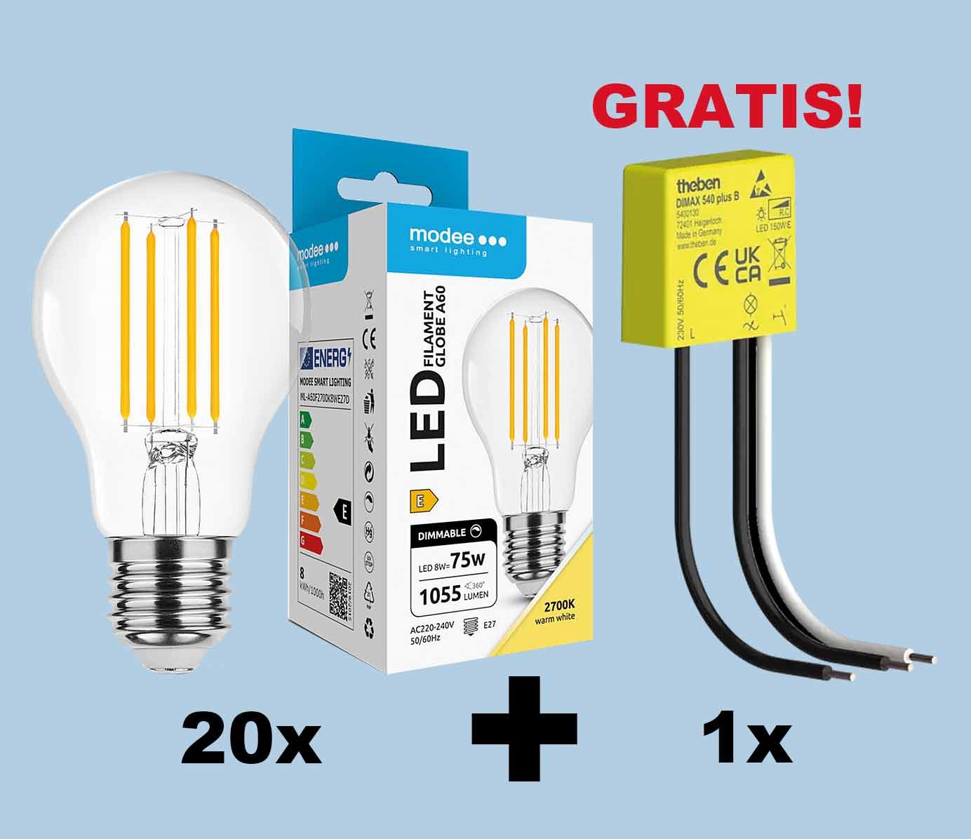 Bild von SET-Aktion 20 x 624SM508 Glühlampen A60 1.055lm | 8W | E27 | 2.700K klar dimmbar + 1 x 301TH004 Theben DIMAX T5400130 GRATIS