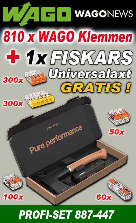 Bild von Wago Aktionspaket mit 810 Klemmen und 1 x FISKARS Axt inkl. Axtschärfer GRATIS!
