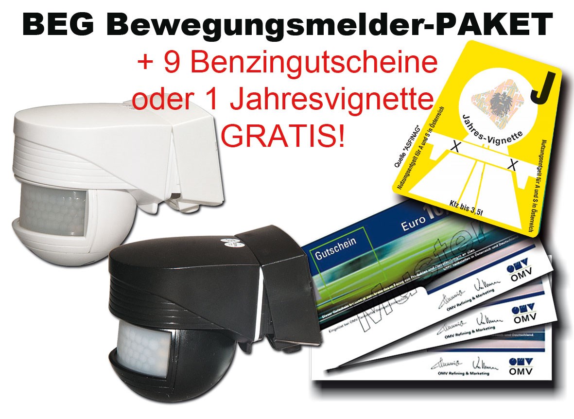 Bild von Aktionspaket: BEG Bewegungsmelder + 1 x Jahresvignette oder 9 x Benzingutscheine GRATIS