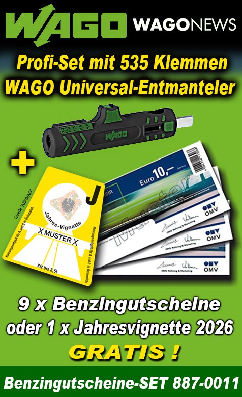 Bild von WAGO-Aktionspaket mit 535 Klemmen, WAGO Universal-Entmanteler + 1 x Jahresvignette oder EUR 90,- Benzingutscheine GRATIS!